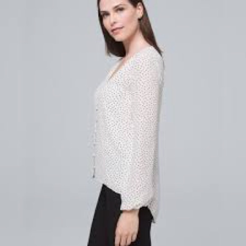 White House Black Market White Blouse with Black Dots. Size 2 - Picture 2 of 7